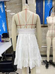 Women Lace Trim Mini Cami Dress Spaghetti Strap Square Neck Short Dress Boho Loose Flowy Backless Babydoll Dresses - 藍色 - 查看 6