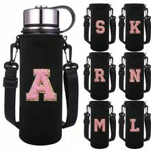 1 件水瓶袋适用于 550ml 750ml 1000ml 1500ml 杯子刺绣字母印花防烫，氯丁橡胶瓶保护架带可调节肩带，适合徒步旅行露营运动水瓶套保温袋斜挎包 - 黑色 - 查看 1