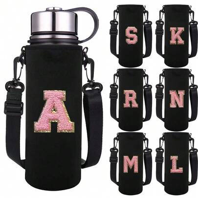 1pc Water Bottle Carrier Bag For 550ml 750ml 1000ml 1500ml Cup Embroidery Letter Printed Anti Scald , Neoprene Bottle Protective Holder With Adjustable Strap, Suitable For Hiking Travelling Camping Sports Water Bottle Case Insulated Bag Crossbody