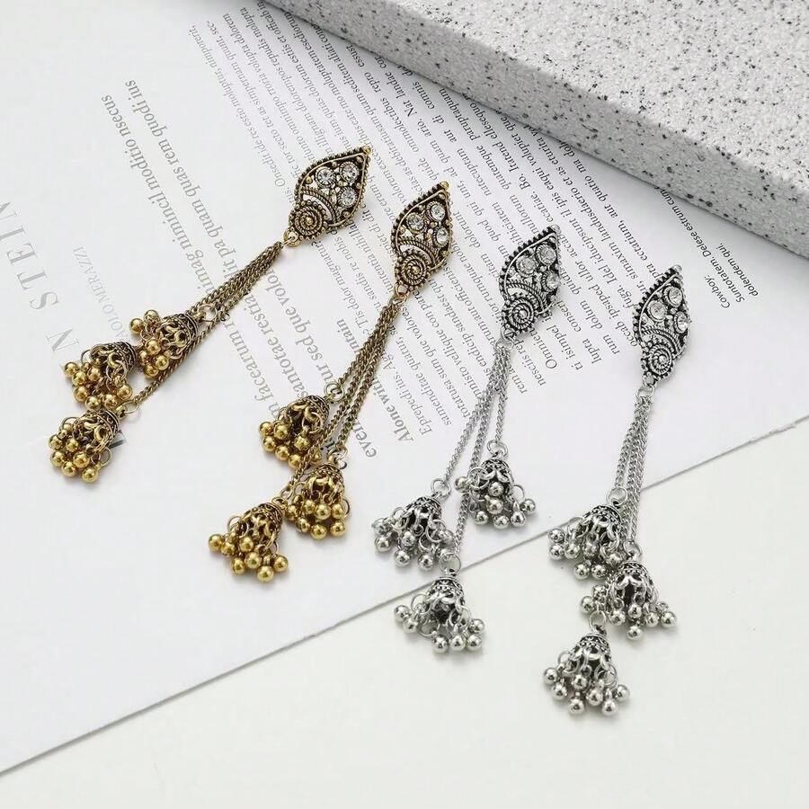 1 par de pendientes bohemios vintage de aleación con borlas y campanillas pequeñas, adecuados para que las mujeres los usen en vacaciones