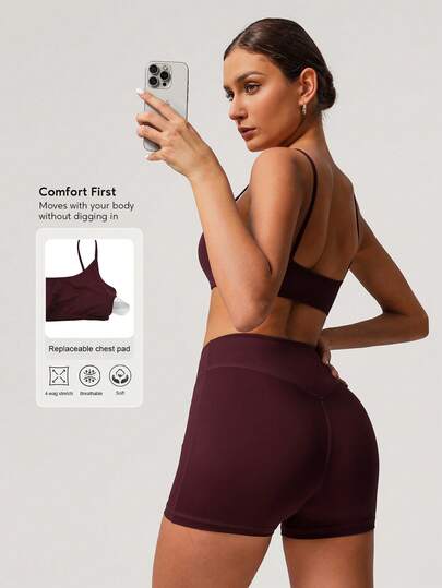 Sodalemon 女士两件套健身套装露背加厚运动文胸无缝前缝户外骑行短裤弹力健身房训练运动套装