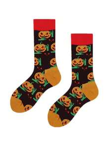 1/5 Pares Meias Médias Sortidas Aleatoriamente - Novas Meias Médias de Halloween com Abóbora para Homens e Mulheres, Casais, Estilo Europeu