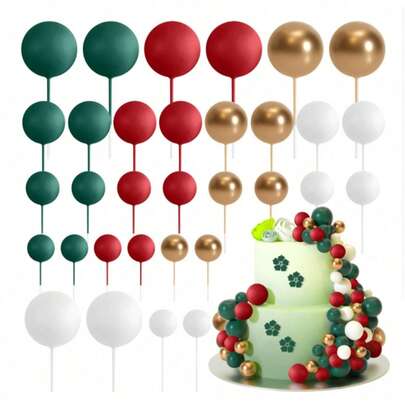 32个迷你泡沫球，大小不一，金色，适用于蛋糕装饰、纸杯蛋糕装饰、DIY蛋糕装饰、生日、周年纪念、派对烘焙用品、圣诞节、圣诞装饰、圣诞睡衣、圣诞礼物、圣诞装饰品