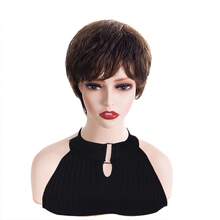 Synthetic Short Pixie Cut Straight Brown Wig With Side Bangs For Women Daily Party Cosplay Fake Hair Heat Resistant