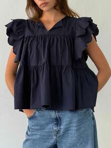 Women Ruffle Flying Sleeve Shirt Cute Babydoll Tiered Scallop Trim Flowy Blouse Y2k Going Out Top - Màu xanh hải quân - Xem 1