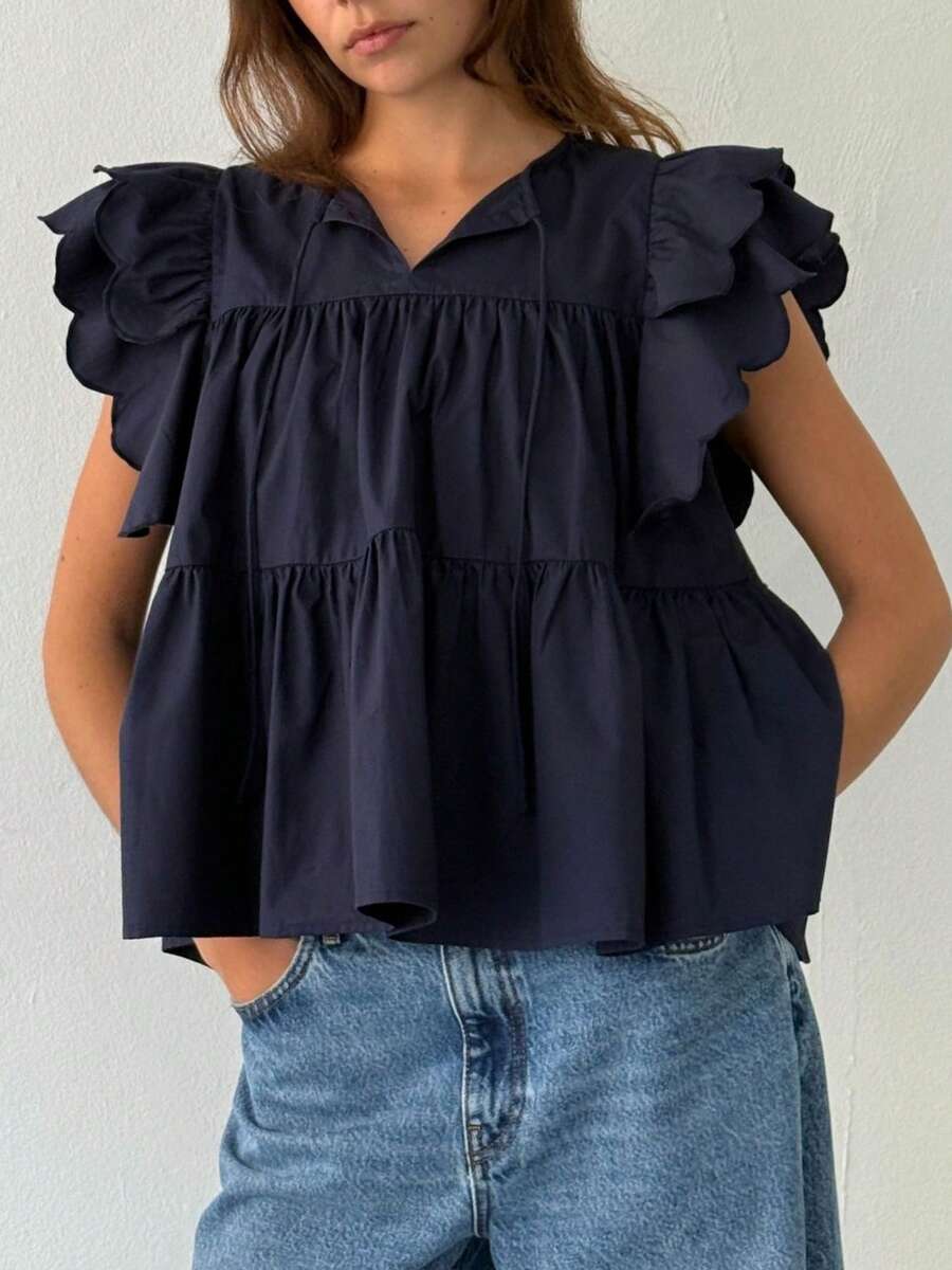 Women Ruffle Flying Sleeve Shirt Cute Babydoll Tiered Scallop Trim Flowy Blouse Y2k Going Out Top - Màu xanh hải quân - Xem 1