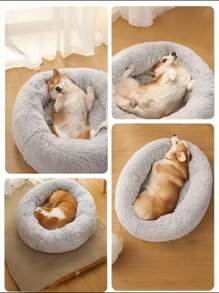 1pc Soft & Cozy Gray-Beige Pet Round Bed, Fluffy Plush Winter Warm Pet Round Nest Cushion For Medium/Large/Small Cats & Dogs
