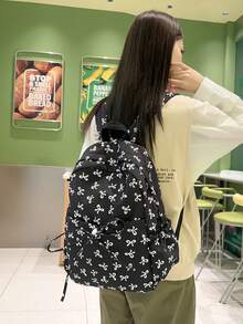 Set de mochila plegable resistente al agua con estampado de lazo de nailon beige, con múltiples bolsillos, adecuada para adolescentes, estudiantes de secundaria/universidad, mujeres para uso diario, escuela, entrenamiento, viajes, regalo de San Valentín (las letras de etiqueta pequeñas son aleatorias)