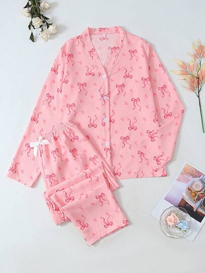 Conjunto de pijama de manga larga con estampado de lazo y corazón para mujer, ropa de otoño