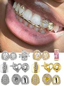 2 件镀金嘻哈牙套朋克定制牙套上下牙套套装可拆卸嘻哈口腔牙套适用于男女礼物万圣节派对照片化妆舞会配饰 - 彩色 - 查看 6