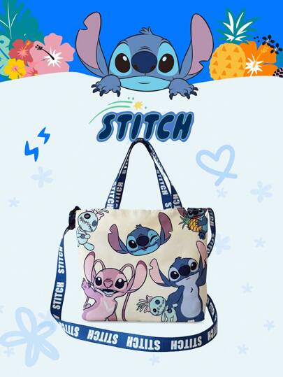 Disney 1个官方授权的米奇/史迪奇图案时尚手提包，休闲多功能单肩包，配有可调节肩带，适合女性/女孩/青少年/学生日常使用、外出、购物、返校等场合。