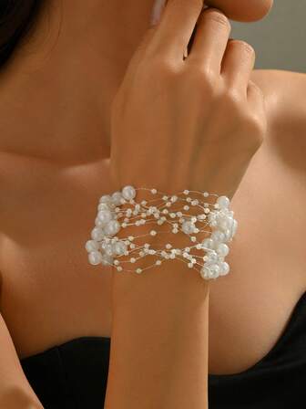 1pc Elegant Starry Faux Pearl Beaded Multi-Layer Bracelet, Versatile Minimalist Accessory For Women, Suitable For Daily Wear And Vacation, Gift