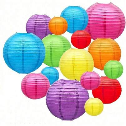 16pcs/Set Hanging Paper Lanterns Decor, Rainbow Colored Chinese Paper Lanterns Ceiling Garland For Carnival, Mexican Party, Christening, Birthday, Anniversary