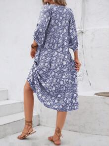 全花卉印花扭领灯笼袖休闲夏季连衣裙，日常穿着