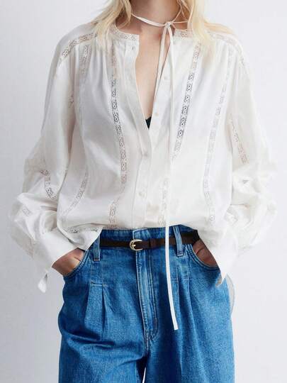 Womens Loose Button Down Shirts Long Balloon Sleeve Lace Patchwork Boho Cotton Eyelet Tops Fall Fashion Casual Blouse Daily Work Going Out Travel