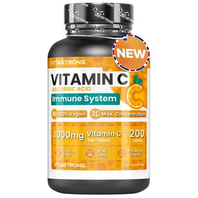 Vitastrong Vitamin C 1000 Mg Slow Release – 200 Tablets 100% Vegan, Pure Ascorbic Acid For Immune System, Bones, Skin, Energy And Collagen
