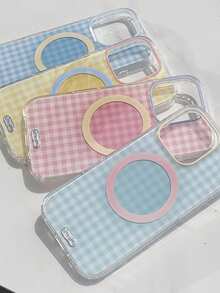 Ốp lưng điện thoại sạc không dây từ tính mềm họa tiết lưới đôi đơn giản tương thích với iPhone 16 15 14 13 Pro Max bảo vệ chống sốc - Kẻ sọc xanh nhạt - Xem 3