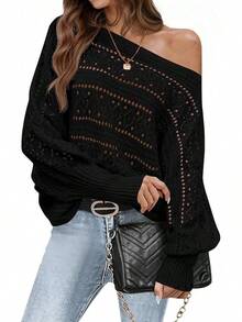 Womens Off Shoulder Sweaters Fall 2025 Oversized Knit Batwing Long Sleeve Crochet Pullover Sweater Tops - 黑色 - 查看 5