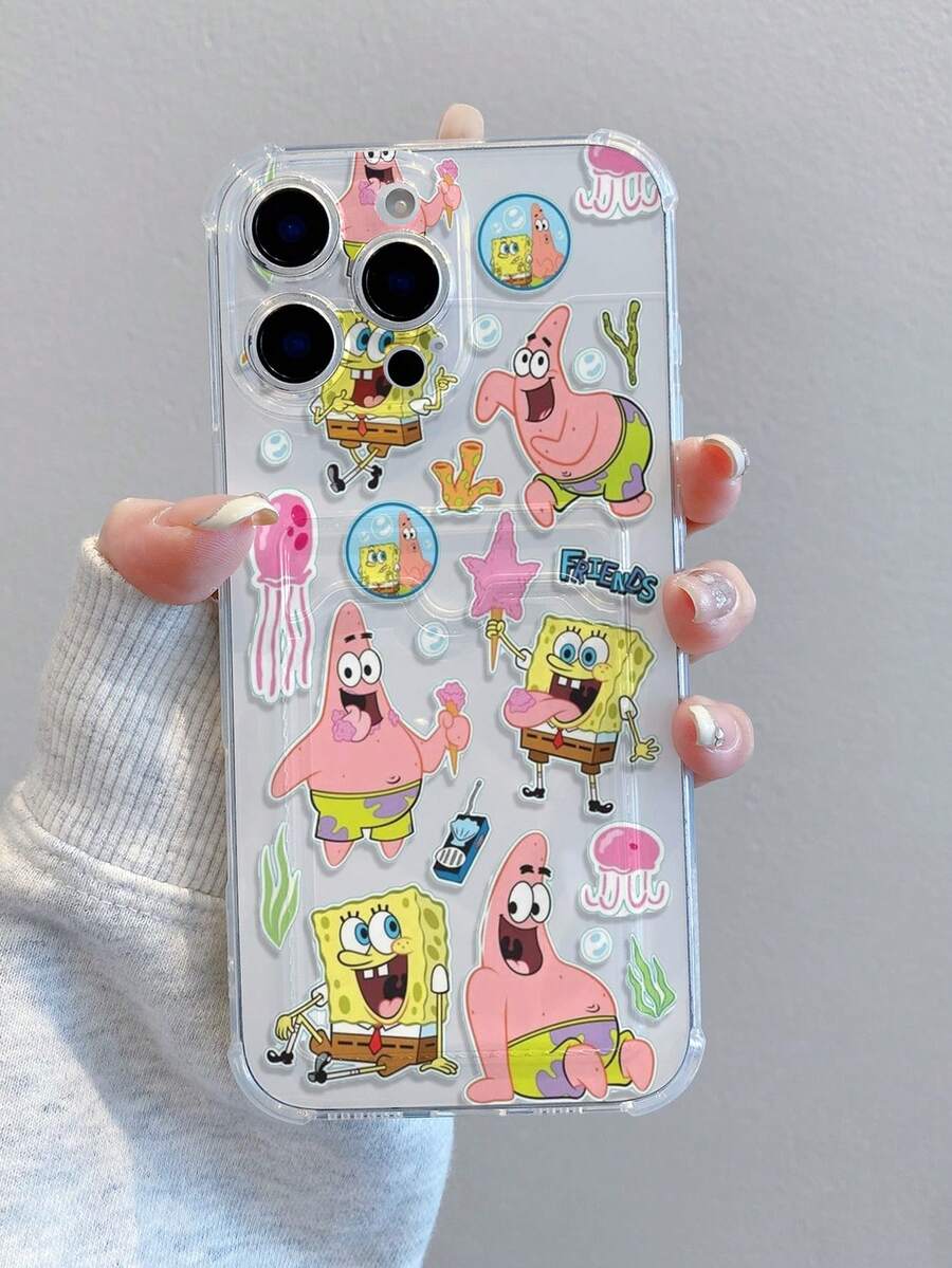 SPONGEBOB 1 件可爱有趣的透明卡夹海绵宝宝主题彩绘图案防震手机壳适用于 11/12/12 Pro Max/14 Pro Max/15/15 Pro/16/16 Pro Max - 彩色 - 查看 1