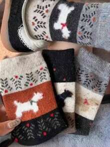 1 Pair/5 Pairs Women's New Autumn/Winter Vintage Japanese Fair Isle Warm Thick Fuzzy Cartoon Cute Puppy Pattern Mid-Calf Socks - Multicolor - View 6