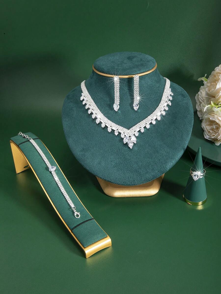 4 件闪亮奢华水晶首饰套装、项链、耳环、戒指、手链、时尚新娘婚礼派对礼服配饰