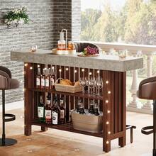 LITTLE TREE 63-Inch Large Home Bar Unit, 2-Tier Mini Bar Table Height Pub Table With Footrest, Modern Coffee Bar Cabinet For Home Kitchen, Bistro, Dining Room, Living Room - Gray and Rustic Brown - View 2