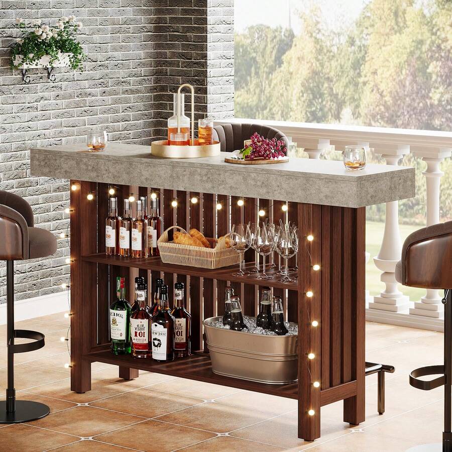LITTLE TREE 63-Inch Large Home Bar Unit, 2-Tier Mini Bar Table Height Pub Table With Footrest, Modern Coffee Bar Cabinet For Home Kitchen, Bistro, Dining Room, Living Room