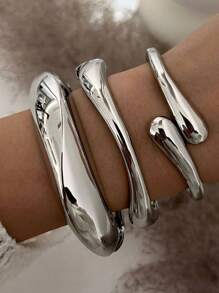 3 件套时尚朋克老钱风格简约金色几何光滑不对称泪珠金属手镯套装，适合女性，厚重光滑金属和锌合金材质