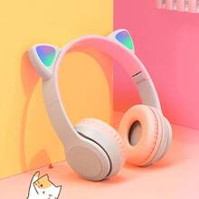 Kids Headphones, Cat Ear LED Light Up Bluetooth 5.0 Foldable Wireless Gaming Headset For Kids Adult, Built-In Mic Noise Cancelling Over Ear Headphones For Study/Travel