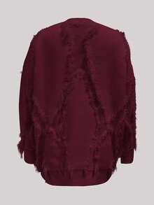 2026秋冬女款纯色圆领休闲优雅户外毛衣，适合约会、返校、情人节、邮轮度假等场合，百搭宽松针织衫，饰有流苏边。 - 酒紅色 - 查看 5