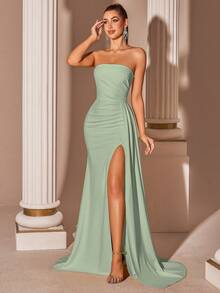 Elisanya 奶油黄色优雅露肩高腰开衩长款系带舞会礼服 - 綠色 - 查看 6