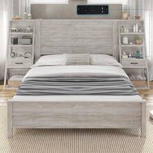 Farmhouse Platform Bed Frame With Wide Headboard & 4-Tier Bookshelves, Charging Station, 2 Storage Drawers, Noise-Free, No Box Spring Needed - 質樸的白色 - 查看 9