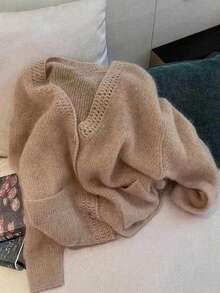 Casual Mohair Solid Color Knit Front Button Hollow Long Sleeve Sweater, Suitable For Everyday And Dates, Spring/Autumn - Khaki - View 4