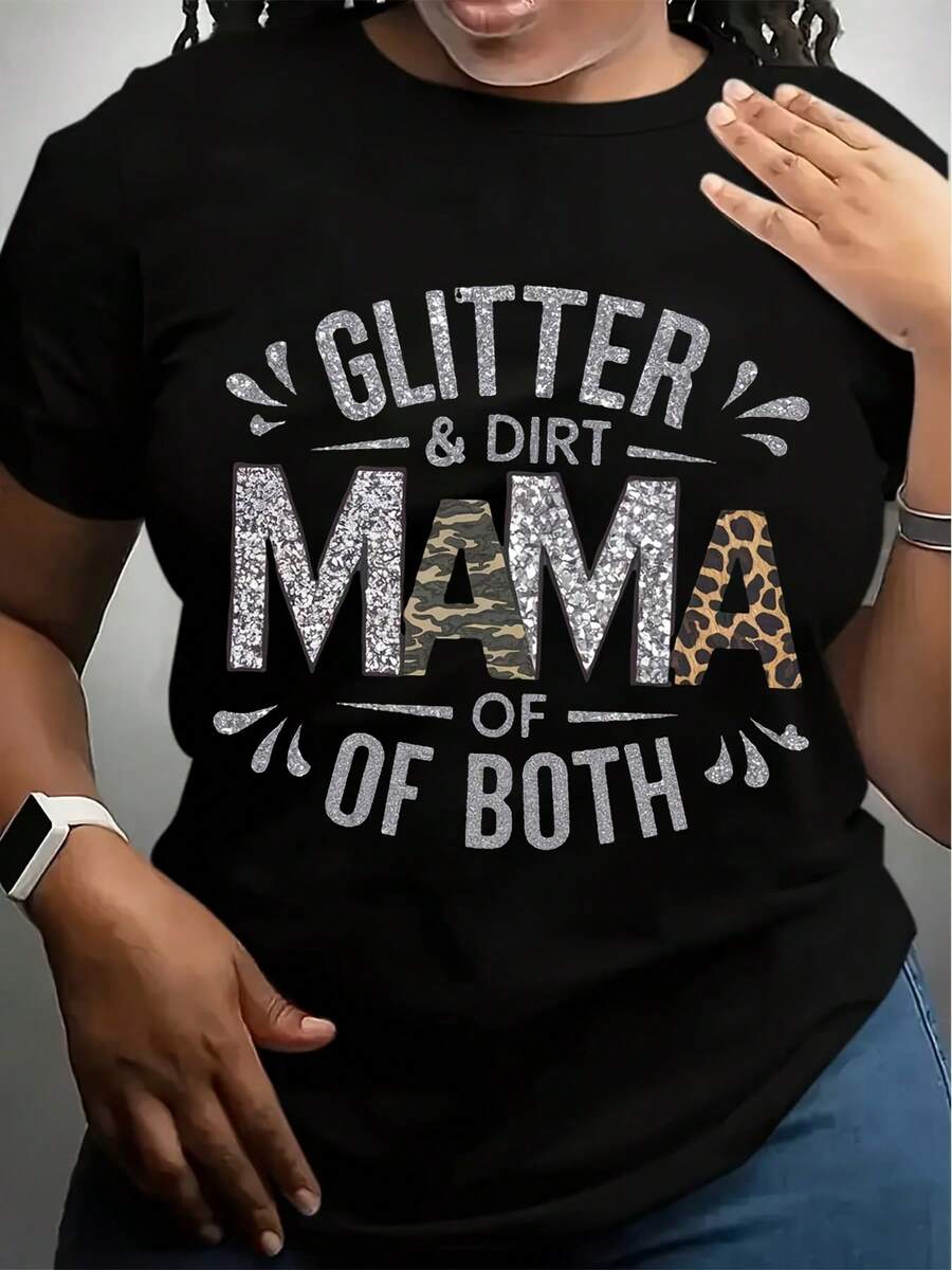 1pc Mama Glitter & Dirt Graphic Tee, Women'S Plus Size Casual Round Neck T-Shirt, Polyester Knit Fabric, Geometric Pattern Design, All-Season Comfort - 黑色 - 查看 1