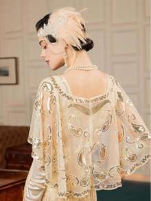 1 Stück Eleganter Vintage Damen Schal aus den 1920ern mit Pailletten, Pailletten- & Perlen-besetzter Retro Kurzblazer, bestickter Spitzenrand Schalkragen, Streetstyle Outfit, Pailletten Top für Nachtclubs, Bühnenkostüm, modisches Party- & Abendkleid Accessoire