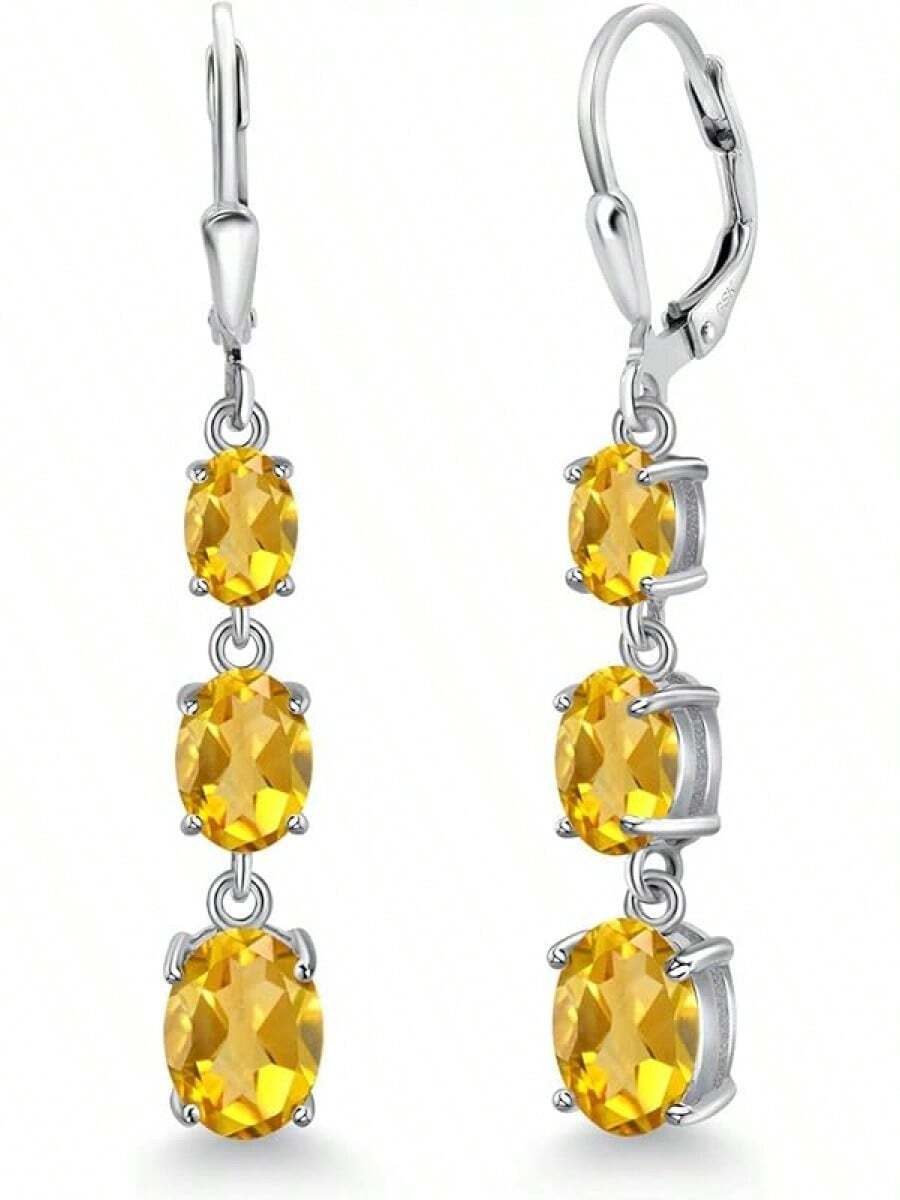 Gem Stone King 3-Stone Leverback Drop Dangle Earrings Women | 925 Sterling Silver | Gemstone Birthstone | Oval 8X6MM 7X5MM And 6X4MM | Fine Jewelry Gifts Her Mom Women Wife - 黃水晶,十一月 - 查看 1
