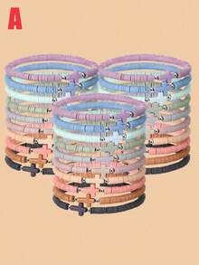 30Pcs Stylish Bohemian Coloured Soft Ceramic Cross Beaded Bracelet Set, Stackable Elastic Stretch Hand String Jewelry - For Men Women Daily Wear And Vacation - Multicolor - View 10