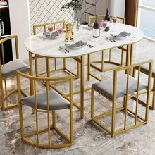 Six-Chair Dining Table Set:(White Table, Chairs With Backrests And Gray Upholstery, Gold Iron Frame),Dining Room Table And Chair Set,Modern Dining Table Combination - Gold - View 9