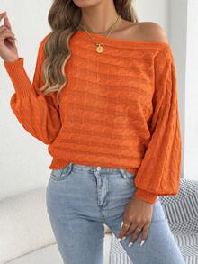Casual Basic Wide Neckline Cable Knit Long Sleeve Pullover Sweater, Autumn/Winter - Orange - View 4
