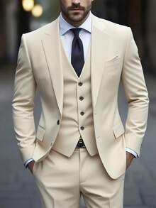 Men's 3-Piece Suit, Solid Color Business Suit, Including Jacket, Vest And Pants, Modern Fit, Suitable For Formal Occasions Such As Weddings And Parties, Long Sleeves, Machine Washable - Màu be - Xem 1