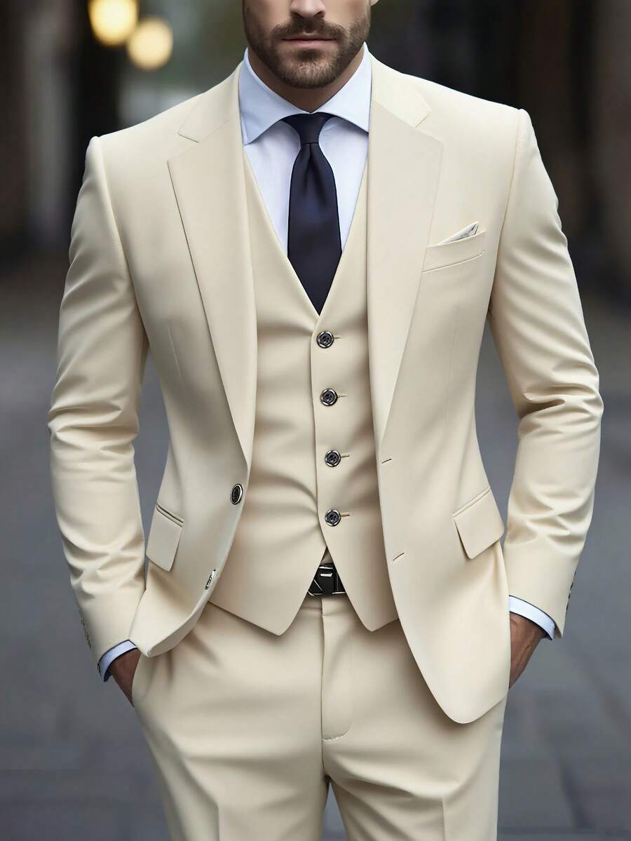 Men's 3-Piece Suit, Solid Color Business Suit, Including Jacket, Vest And Pants, Modern Fit, Suitable For Formal Occasions Such As Weddings And Parties, Long Sleeves, Machine Washable - Màu be - Xem 1