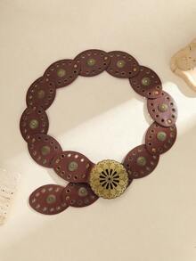 Cuiwrgrs 1pc Bohemian Style Brown Faux Leather Oval Buckle Fashion Waist Belt, Metal Splice, Suitable For Daily Wear