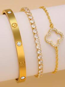 Elegant Shiny Fashion Clover-Shaped Zirconia Inlaid Stainless Steel Zirconia Clover Bracelet Set, Suitable For Daily Wear And As A Gift For Friends