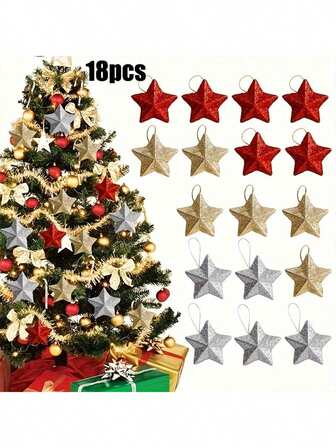 18pcs Christmas Star Hanging Ornaments, Christmas Party Decorations, Christmas Tree Decorations