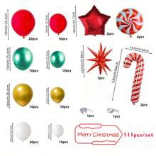 111pcs Christmas Happy Party Balloon Decoration Set, Windmill Candy Cane Pentagram With Red, White, Gold, Green Latex Balloons, Suitable For Christmas Party Decor, New Year Party, Indoor & Outdoor Christmas Decorations