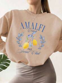 1 pièce Sweat-shirt-shirt en polaire pour femme avec imprimé citron de la côte amalfitaine, graphique du club social italien, pull décontracté, Top chaud et élégant - Nude - Voir 1