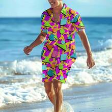 80s 90s Men's Hawaiian Outfits 2 Piece Shirt And Shorts Sets Button Down Beach Suits Disco Partyhalloween - Màu 4 - Xem 8