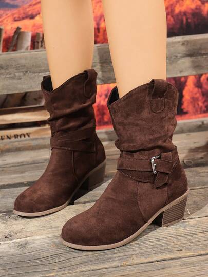 1 Paar Vintage Western Stil Kaffeebraune Wildleder Stiefel bis zur Mitte des Wades: Blockabsatz Design mit doppelter Schnallen Verzierung, faltiger Schaft vermittelt lässige Atmosphäre, unverzichtbares Teil für Herbst/Winter Pendeln und Country-Stil Outfits