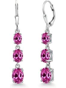 Gem Stone King 3-Stone Leverback Drop Dangle Earrings Women |   925 Sterling Silver |   Gemstone Birthstone |   Oval 8X6MM 7X5MM And 6X4MM |   Fine Jewelry Gifts Her Mom Women Wife - 粉紅色人造藍寶石,九月 - 查看 1