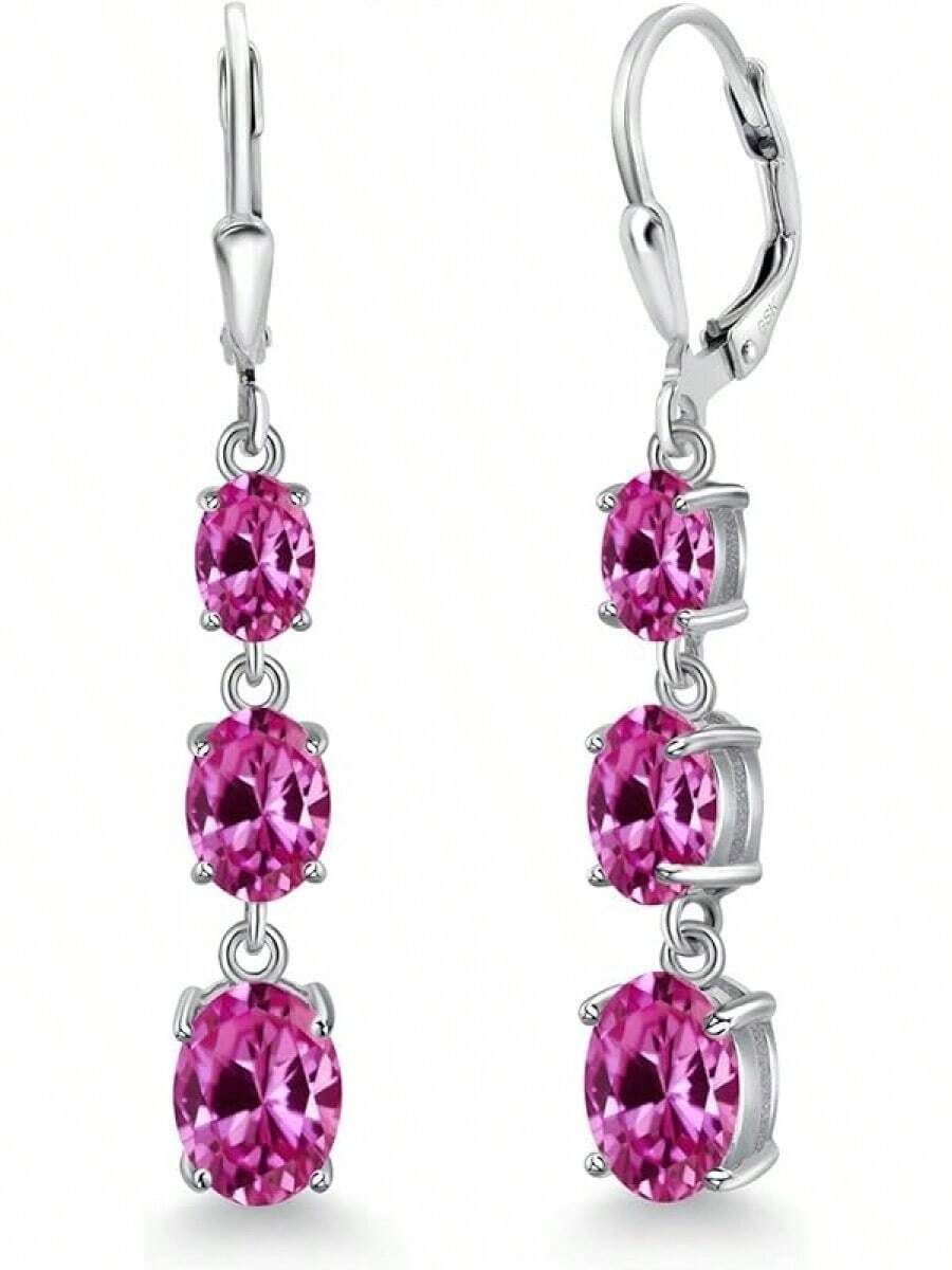 Gem Stone King 3-Stone Leverback Drop Dangle Earrings Women | 925 Sterling Silver | Gemstone Birthstone | Oval 8X6MM 7X5MM And 6X4MM | Fine Jewelry Gifts Her Mom Women Wife - 粉紅色人造藍寶石,九月 - 查看 1